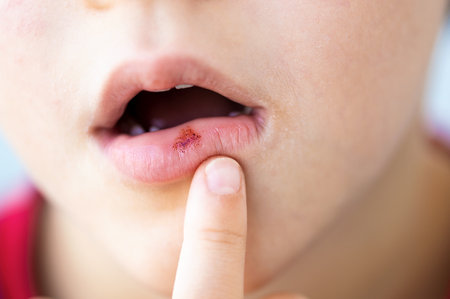 Child touching a bloody lesion on his lip with his finger.の写真素材