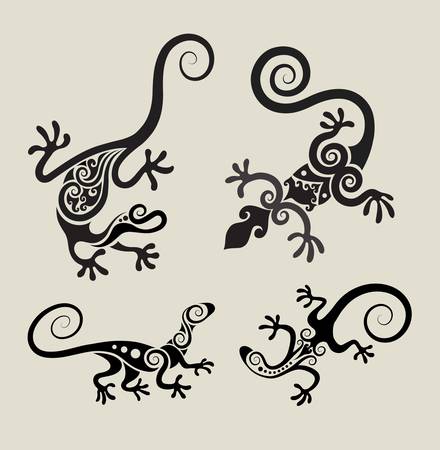Beautiful vintage decorative lizard set, reptiles, animal drawing with curl floral ornament decoration.のイラスト素材