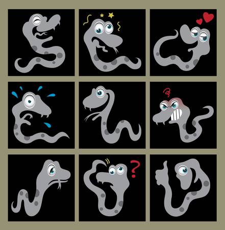 Snake cartoon character icons, nine expressionのイラスト素材