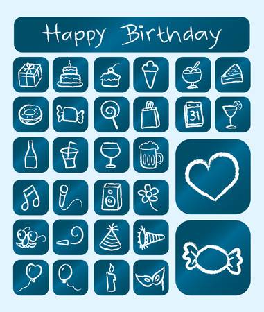 Birthday Icons, Chalk Drawing Style on Blue Backgroundのイラスト素材