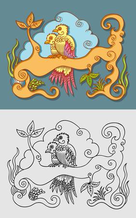 Two Birds on Tree Decorative Ornamentのイラスト素材