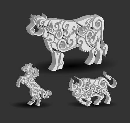 Animal Engraving Ornaments  3d cow, horse, and bull のイラスト素材