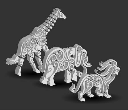 Animal Engraving Ornaments, 3d giraffe, elephant, and lionのイラスト素材