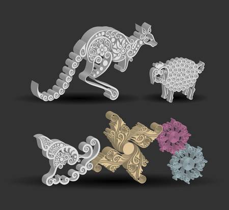 Animal Engraving Ornaments, 3d kangaroo, sheep, and snailのイラスト素材
