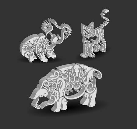 Animal Engraving Ornaments, 3d koala, cat, and pigのイラスト素材