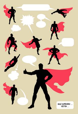 Male Superhero Silhouettes with Blank Speech Bubblesのイラスト素材