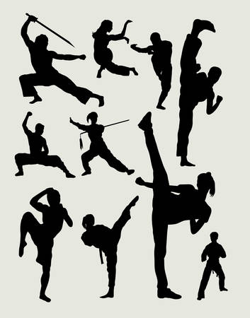 Male and female martial art, kungfu, wushu, taichi, karate, taekwondo activity silhouettesのイラスト素材