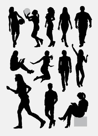 Male and female people activity silhouettesのイラスト素材