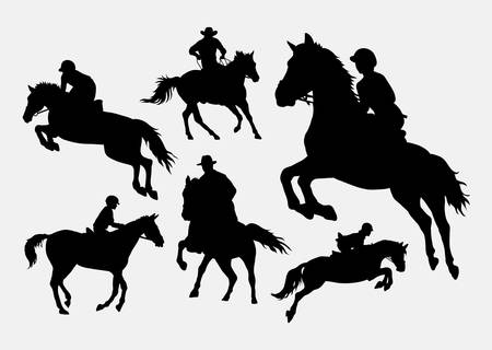 Male and female people riding horse sport action silhouettesのイラスト素材