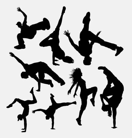 Break dance performance silhouettes. Good use for symbol, logo, web icon, game element, mascot, or any design you want. Easy to use.のイラスト素材