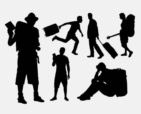 Tourist male and female pose silhouette. Good use for symbol, logo, web icon, game elements, mascot, or any design you want. Easy to use.のイラスト素材