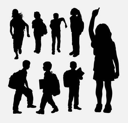School girl and school boy activity silhouette. Good use for symbol, web icon, logo, game element, mascot, or any design you want. Easy to use.のイラスト素材