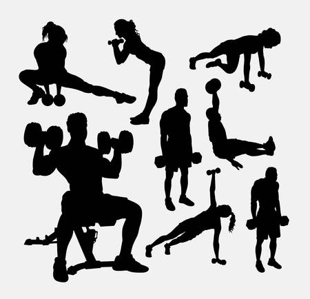 Training exercise sport male and female silhouette. Good use for symbol, web icon, mascot, sticker design, sign, avatar, or any design you want. Easy to use.のイラスト素材