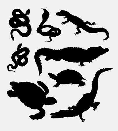 Reptiles animal silhouette. Crocodile, alligator, snake, cobra, tortoise, turtle, animal silhouettes. good use for symbol, logo, web icon, sign, mascot, sticker, or any design you want. Easy to use.のイラスト素材