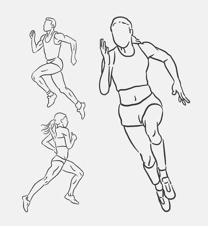 Running male and female sport hand drawing. Good use for symbol, logo, web icon, mascot, sign, or any design you want.のイラスト素材