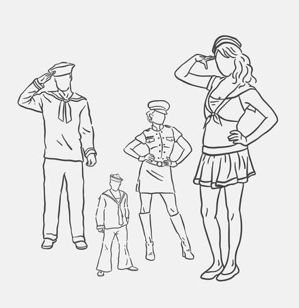 Sailor costume male and female fashion hand drawing. Good use for symbol, logo, web icon, mascot, sign, sticker, or any design you want.のイラスト素材