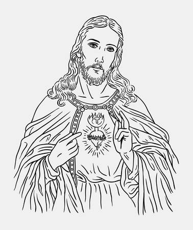 Jesus christ catholic religion art line drawing style. Good use for symbol, logo, web icon, mascot, sticker, sign, or any design you want.のイラスト素材
