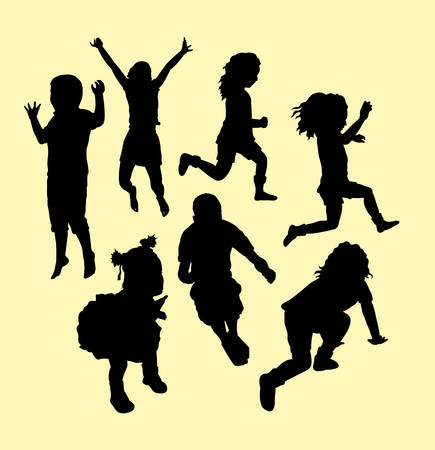 Happy kid running and jumping action silhouette. Good use for symbol, logo, web icon, mascot, sign, sticker, or any design you wantのイラスト素材