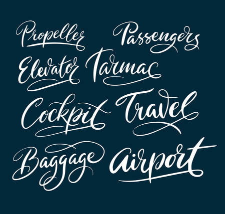 Travel and airport hand written typography. Good use for logotype, symbol, cover label, product, brand, poster title or any graphic design you want. Easy to use or change colorのイラスト素材