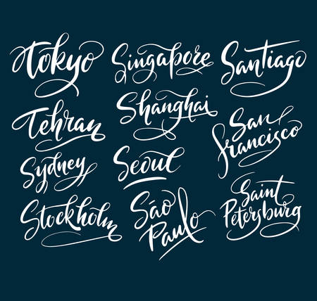 Tokyo and santiago city hand written typography. Good use for logotype, symbol, cover label, product, brand, poster title or any graphic design you want. Easy to use or change colorのイラスト素材