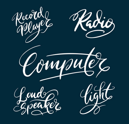 Computer and loud speaker hand written typography. Good use for logotype, symbol, cover label, product, brand, poster title or any graphic design you want. Easy to use or change colorのイラスト素材