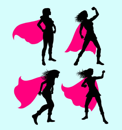 Female superhero silhouettes. Good use for symbol, web icon, mascot or any design you want.のイラスト素材