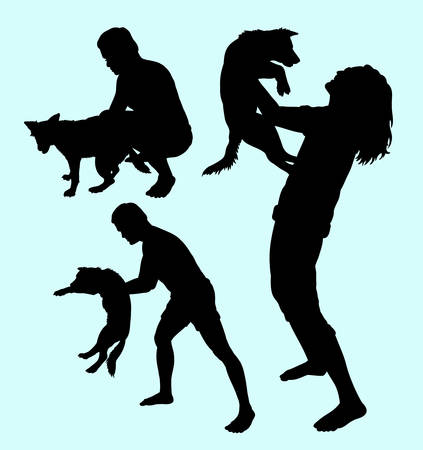 Dog training male and female activity silhouette.のイラスト素材