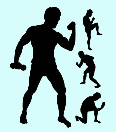 Body building sport male action silhouette. Good use for symbol, web icon, mascot, sign, sticker design, or any design you want. Easy to use.のイラスト素材