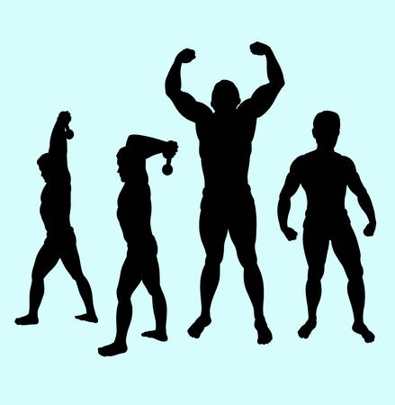 Body building sport male action silhouette. Good use for symbol, web icon, mascot, sign, sticker design, or any design you want. Easy to use.のイラスト素材