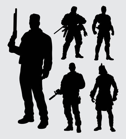 hero with gun silhouette. good use for symbol, logo, web icon, mascot, sign, sticker, or any design you want.のイラスト素材