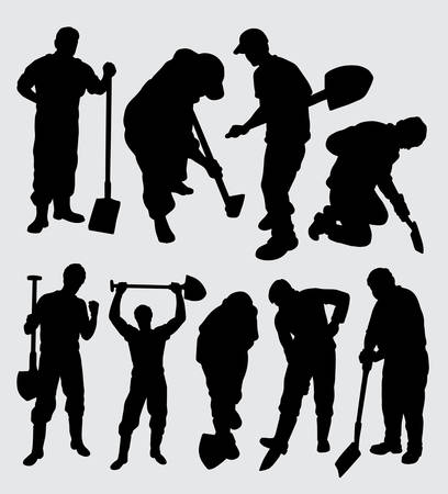 digger and worker people activity silhouette, good use for symbol, logo, web icon, mascot, sign, sticker, or any design you want.のイラスト素材