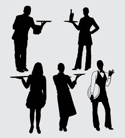 waiter and waitress male and female action silhouette good use for symbol, logo, web icon, mascot, sticker, sign, or any design you wantのイラスト素材