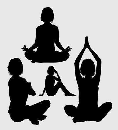 Meditation and relax female act ion silhouette. Good use for symbol, logo, web icon, mascot, game elements, mascot, sign, sticker design, or any design you want. Easy to use.のイラスト素材