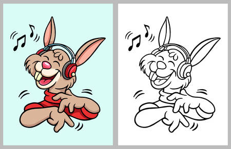 Rabbit cartoon character hearing music, good use for coloring book, symbol, icon, logo, mascot, sticker, game, or any design you want.のイラスト素材