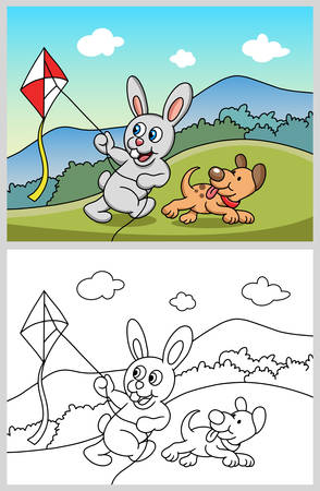 Rabbit playing a kite with dog. Good use for symbol, logo, web icon, mascot, sticker or any design you want.のイラスト素材