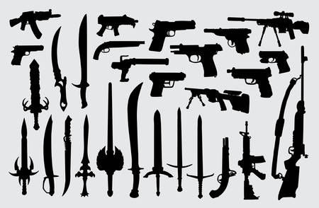 Weapon, gun, pistol, and sword silhouette good use for symbol, logo, web icon, mascot, sign or any design you wantのイラスト素材