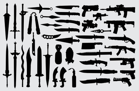 gun, pistol, sword and knife weapon silhouette good use for symbol, logo, web icon, mascot, sign, or any design you want.のイラスト素材