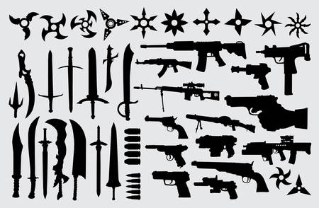 Gun, pistol, sword and knife silhouette good use for symbol, logo, web icon, mascot, sign, or any design you wantのイラスト素材