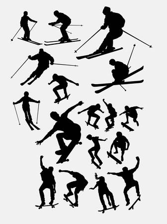 Skiing and skate board sport silhouetteのイラスト素材