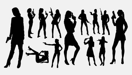 Girl with gun silhouettes. Good use for symbol, logo, web icon, mascot, sign, or any design you want. Easy to use.のイラスト素材