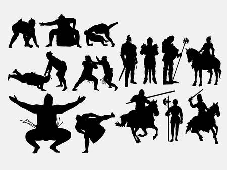Knight male warrior and sumo sport silhouette. Good use for symbol, logo, web icon, mascot, game elements, or any design you want. Easy to use, edit, or change color.のイラスト素材