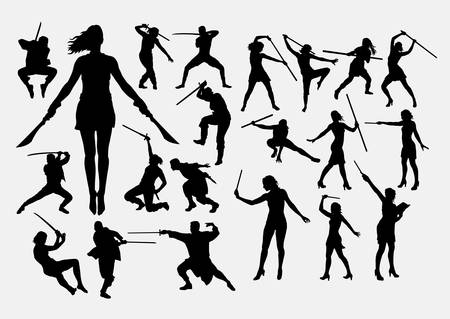 Martial art using weapon silhouetteのイラスト素材