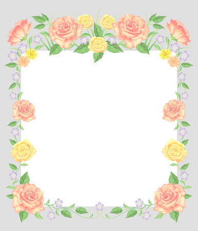 Floral frame colorful and beautiful rose flowers and leaves template decoration.のイラスト素材