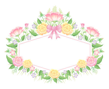 Floral frame colorful and beautiful rose flowers and leaves template decoration.のイラスト素材