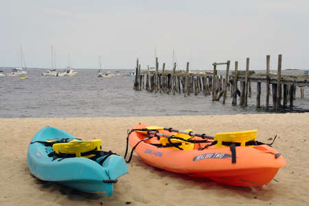 Two Kayaks on the Beach in Provincetown, Cape Codの写真素材