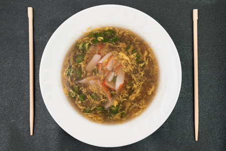 Chinese soup on black backgroundの写真素材