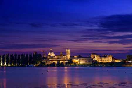 Mantua night skyline reflection riverの写真素材