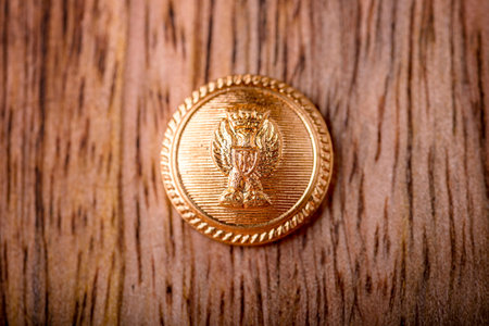 macro of golden button on wood