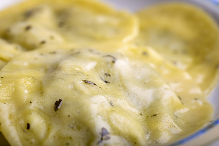 macro ravioli with italian pestoの写真素材