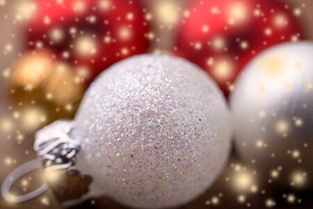 white and red christmas balls with glitter for christmas backgroundの写真素材